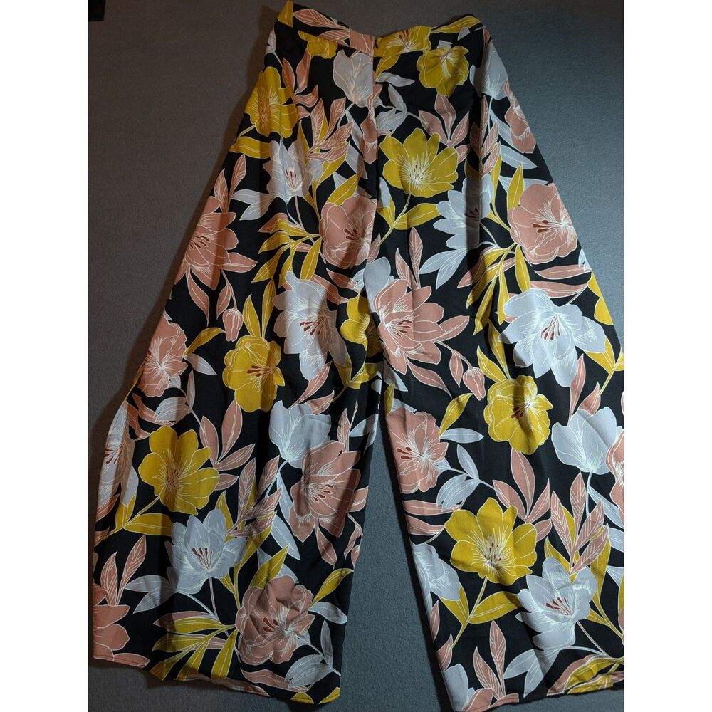 Lulus Women’s Floral Wide Leg Pants Size Medium Black Pink Mustard High Rise